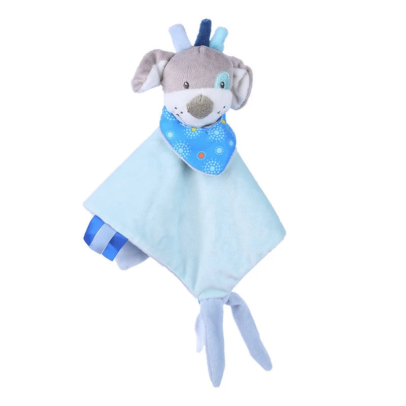 A plush dog security blanket with a gray dog head, blue bandana, and light blue blanket body. It features decorative ribbons and a knot at the bottom.