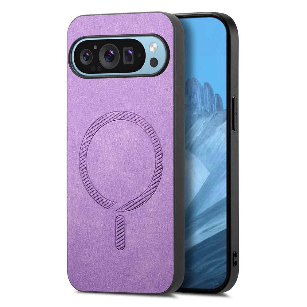 Purple phone case with engraved circular design, fits over a smartphone with a visible rear camera setup and slim profile. The front screen displays a blue mountainous landscape image.