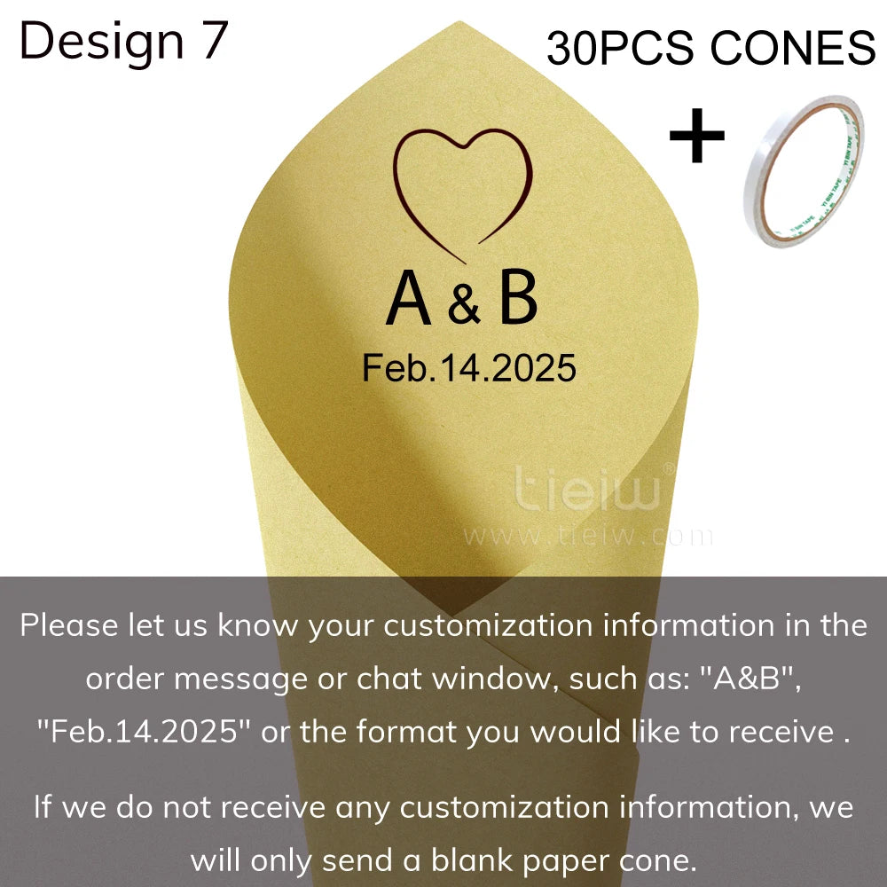 Gold paper cone with a heart, "A&B," and date Feb. 14, 2025. Text instructs providing customization info in the order message; 30 pieces included with adhesive tape.