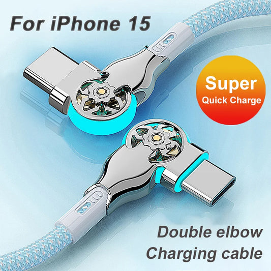 Double elbow charging cable for iPhone 15 with metallic connectors, featuring a Super Quick Charge logo. The cable has a braided design, highlighting durability and style.