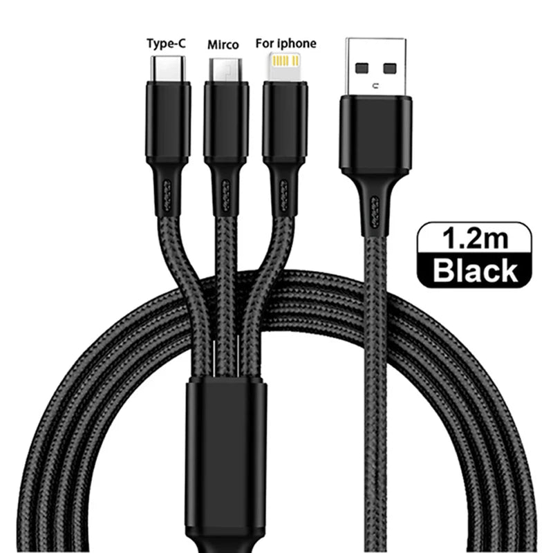 Black 1.2m charging cable with four connectors: USB, Type-C, micro USB, and Lightning, suitable for various devices. Braided design for durability.