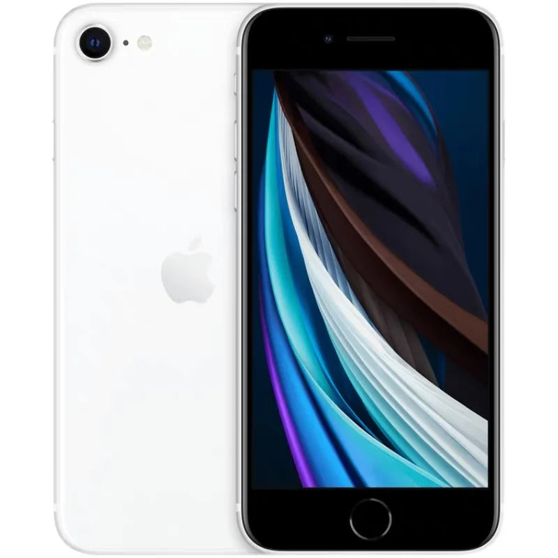 White smartphone with a front display showing colorful abstract design and a single rear camera. The back has a smooth finish with an Apple logo.