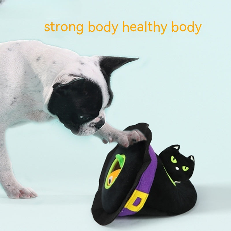 A black and white puppy plays with a black witch hat toy featuring a hidden fish and cat design, against a light blue background with "strong body healthy body" text.
