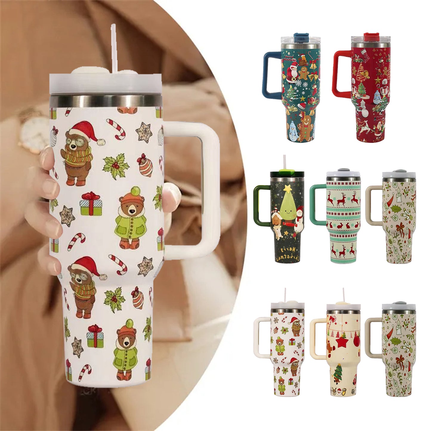 Hand holding a festive travel mug with a Christmas pattern, surrounded by other holiday-themed mugs featuring snowmen, reindeer, and trees, each with a handle and lid.
