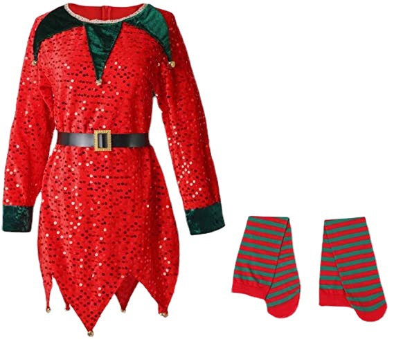 Sparkly red elf dress with green accents and black belt, paired with matching red and green striped socks. The dress features gold trim and bell details at the hem.