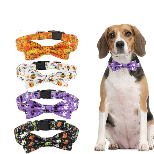 A beagle wearing a purple Halloween-themed bow tie next to four colorful bow tie collars featuring pumpkins, ghosts, and seasonal patterns.