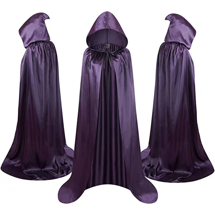 Three views of a glossy purple hooded cape, showcasing front and side perspectives. The fabric drapes elegantly, creating a mysterious and enchanting look.