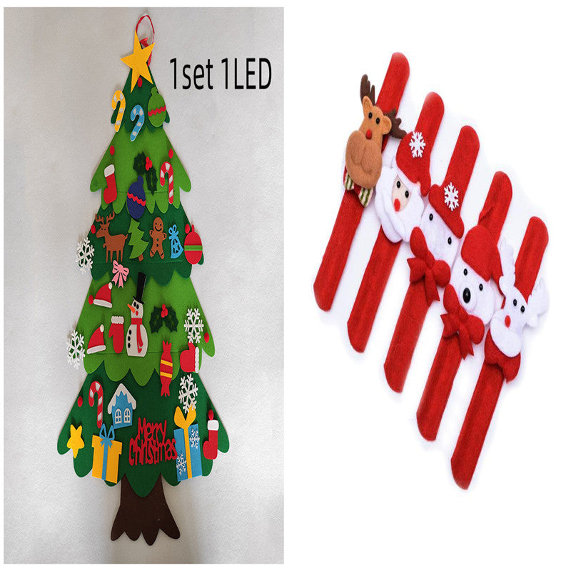 Felt Christmas tree with colorful decorations and "Merry Christmas" text on the left; five red and white festive slap bracelets with holiday characters on the right.