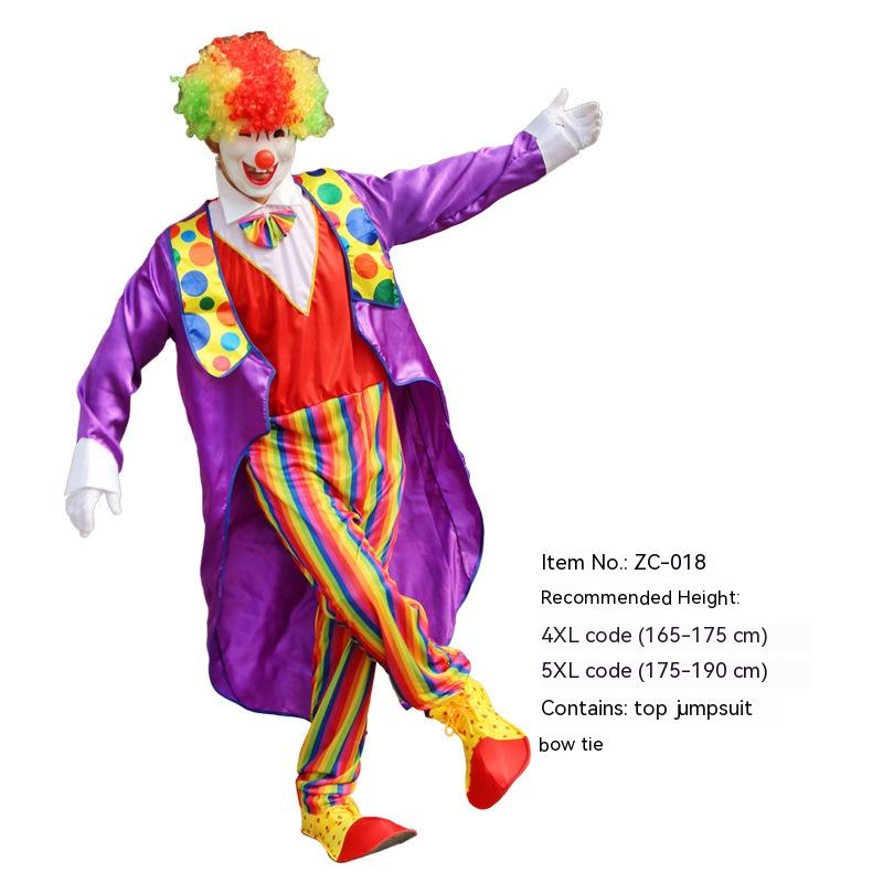 A clown in a colorful wig and vibrant costume with a purple coat, polka dot vest, and striped pants. Text next to the image provides size details and item code ZC-018.