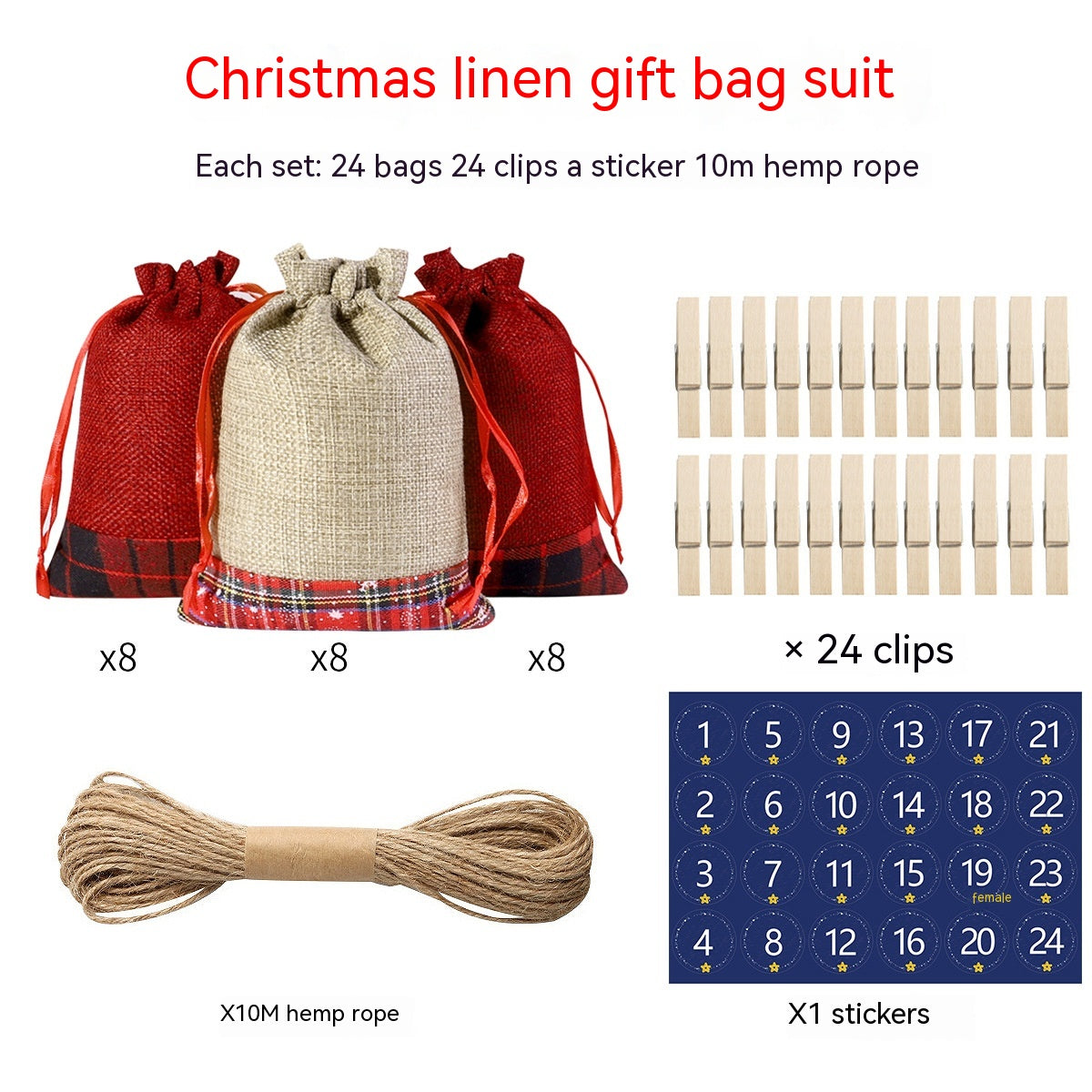 Christmas linen gift bag set with 24 bags, 24 clips, a sticker sheet, and 10m hemp rope. Bags in red and natural tones, perfect for festive packaging.