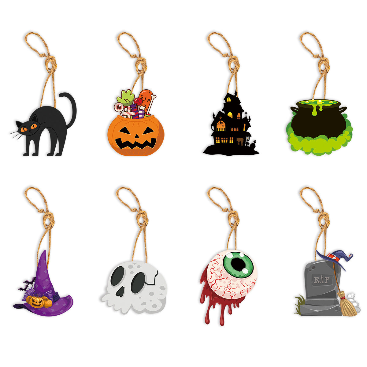 Eight Halloween-themed hang tags with twine: a black cat, pumpkin with candy, haunted house, green cauldron, purple witch hat, skull, dripping eyeball, and a gravestone with a broom. Each tag is vividly colored and designed for seasonal decoration.