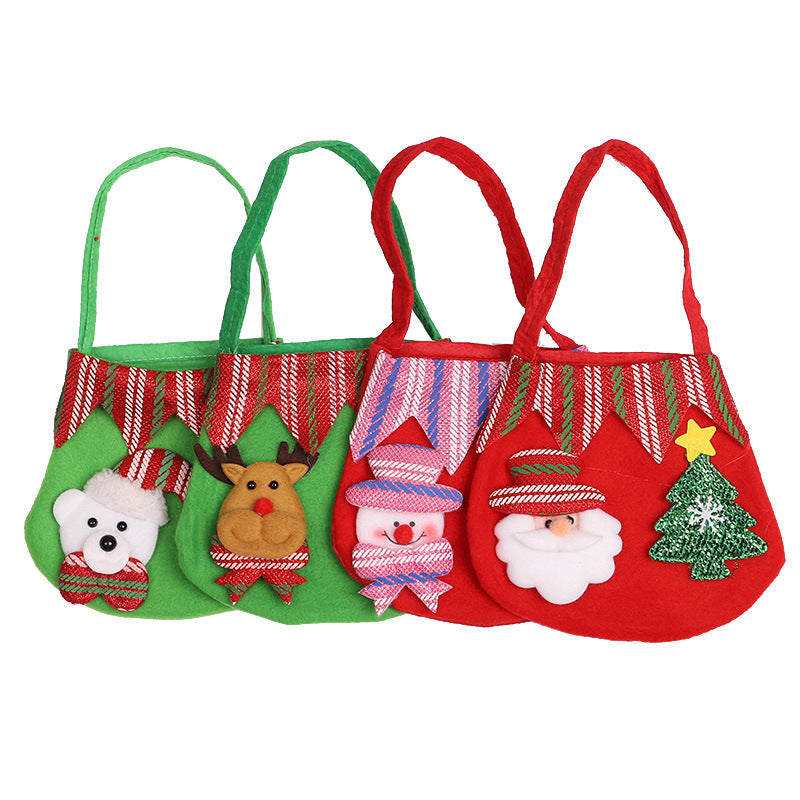 Four festive felt bags with holiday motifs: polar bear, reindeer, snowman, and Santa, decorated with red and green stripes, perfect for Christmas gifts or decorations.