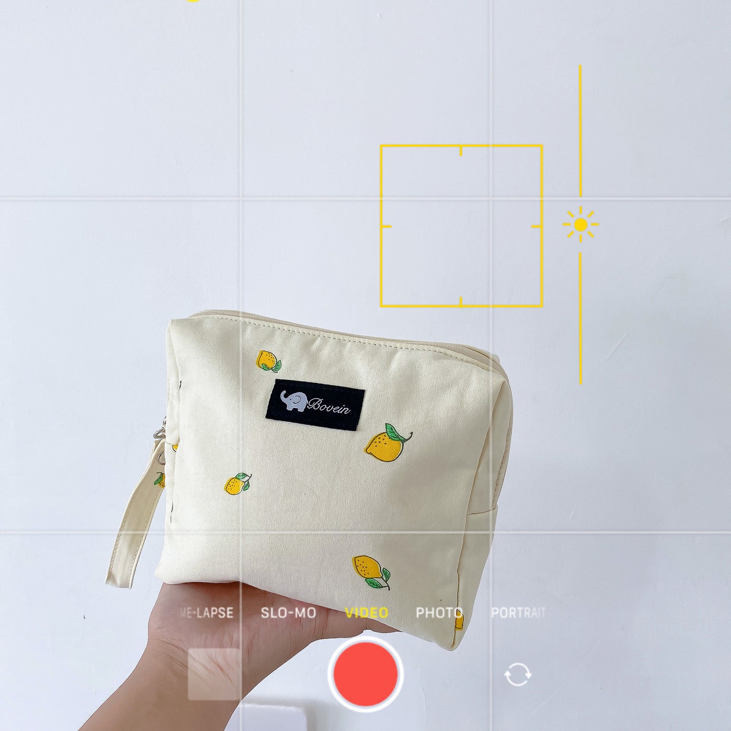 A hand holds a cream-colored pouch with a small elephant logo and mango designs. The camera interface is visible, showing a red record button and settings options.