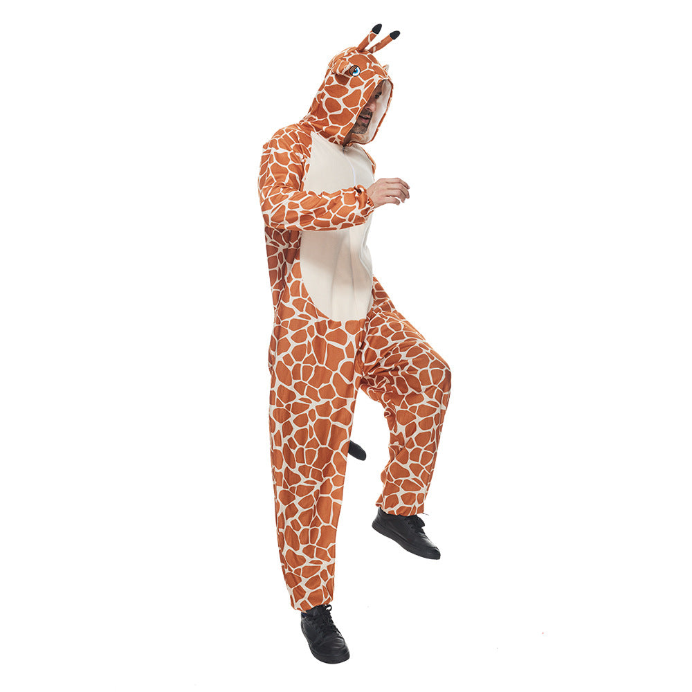 Person in a giraffe costume with hood and ears, raising one knee and arms slightly bent. The suit features an orange and white giraffe pattern and black shoes.