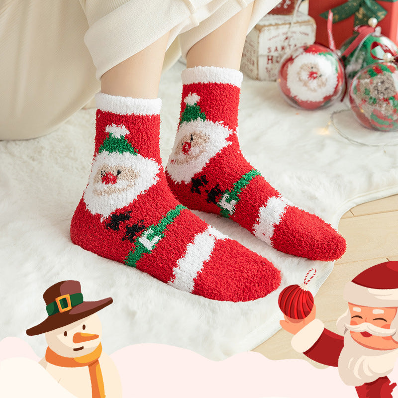 Cozy red socks with Santa Claus design on a white rug, surrounded by Christmas ornaments. A festive scene with cartoon Santa and snowman illustrations in the corners.