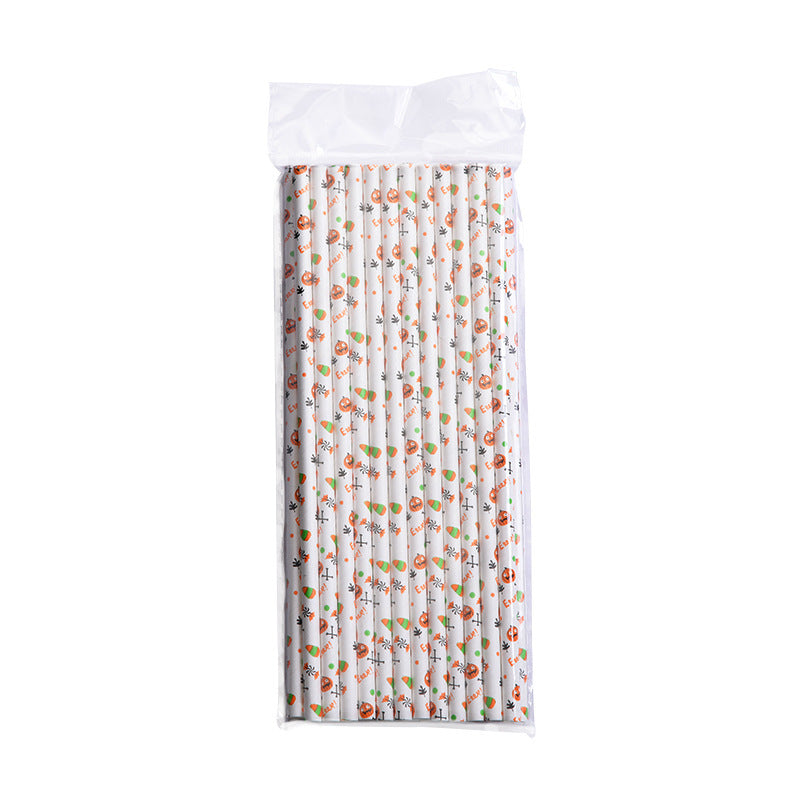 A pack of white paper straws with colorful Halloween-themed prints, including pumpkins, bats, and candy corn, encased in clear plastic packaging.