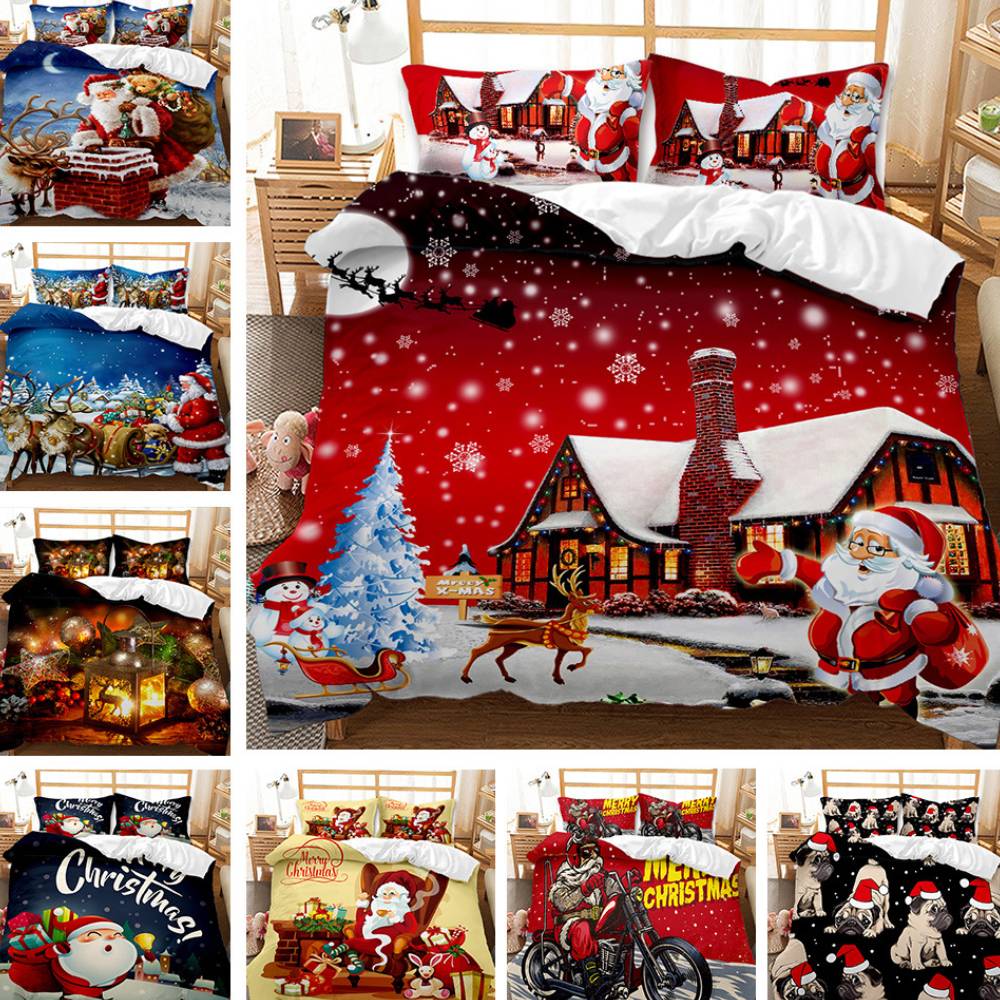 Festive Christmas-themed bedding sets featuring Santa, reindeer, snowmen, and holiday scenes in vibrant colors, displayed in a cozy bedroom setting.