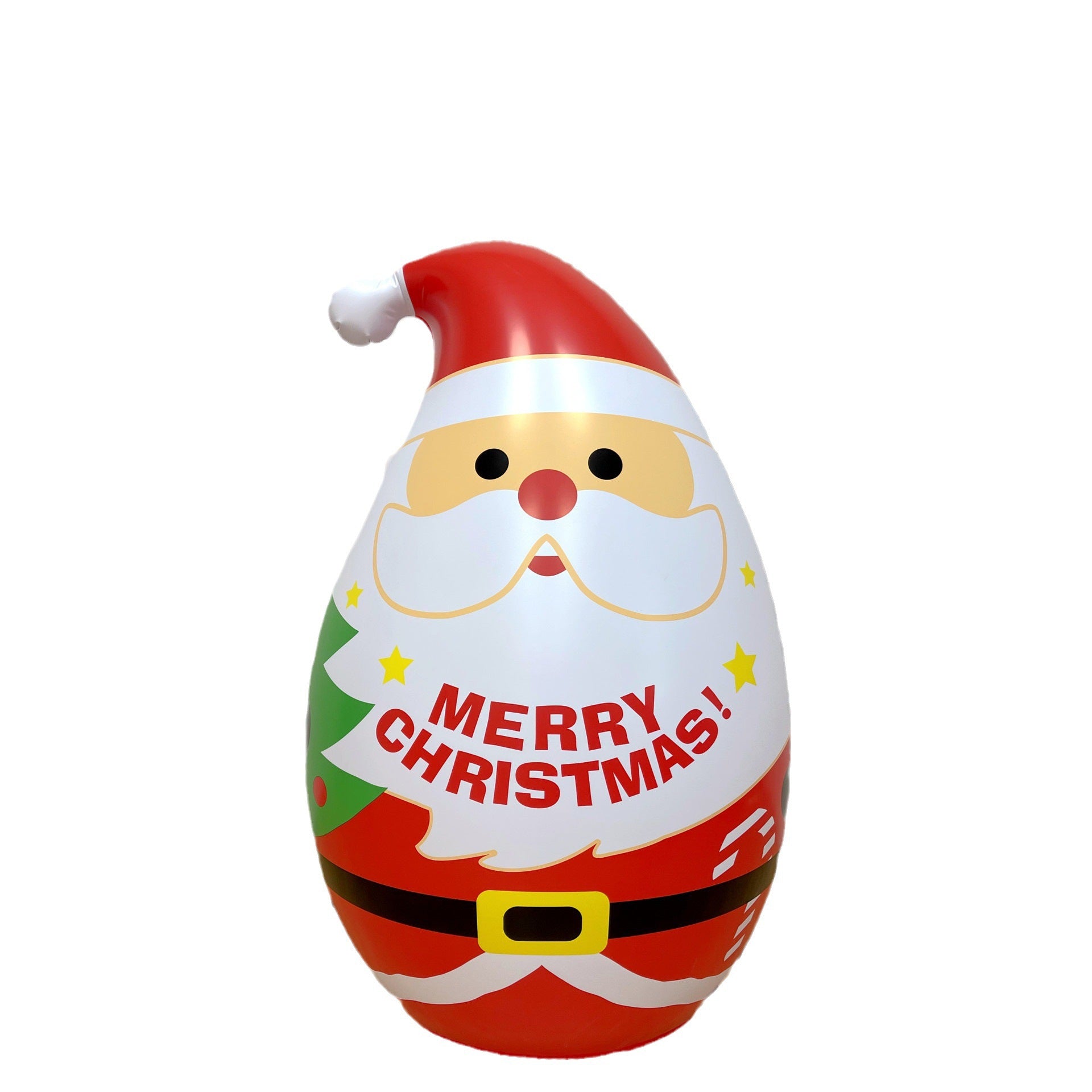 Inflatable Santa Claus with a red hat and belt, featuring "Merry Christmas!" text and festive stars.