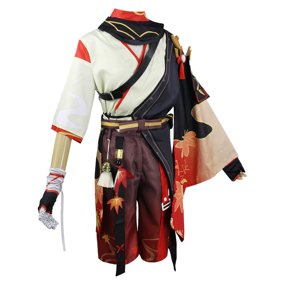 Intricate cosplay outfit with a samurai-inspired design, featuring a kimono with red and gold details, black gloves, and decorative belts with tassels and accessories.
