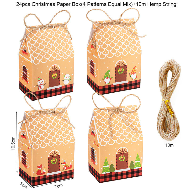 Four Christmas-themed paper boxes shaped like houses, decorated with festive patterns and tied with hemp string. A 10-meter hemp string bundle is shown beside them.
