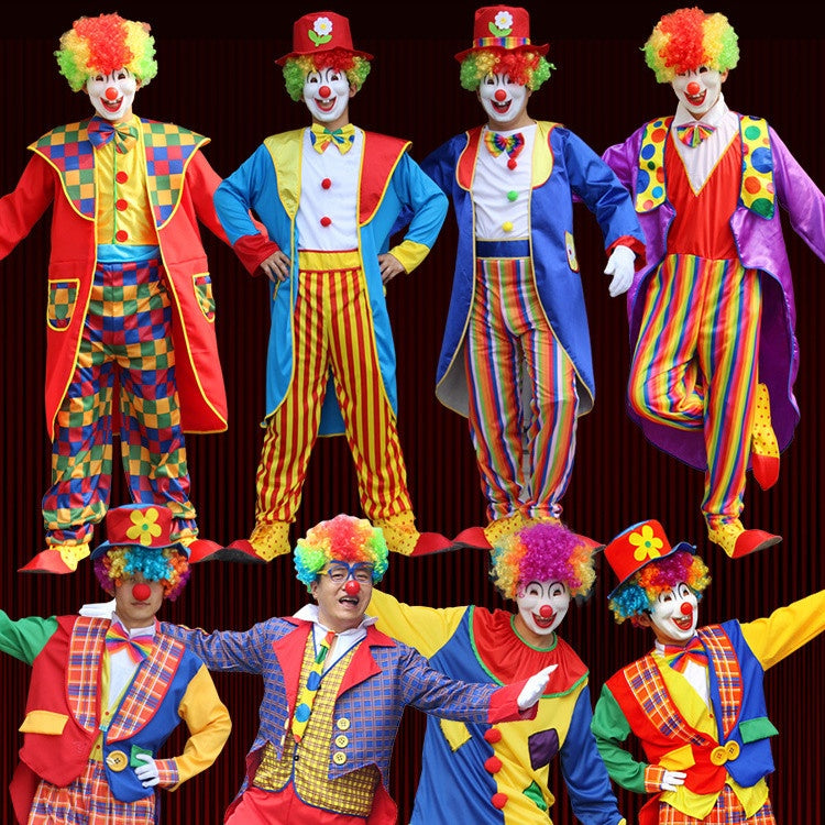 A group of seven colorful clowns in various vibrant outfits with red noses and rainbow wigs, posing energetically against a dark, striped backdrop.