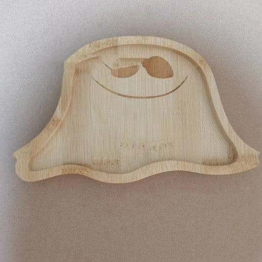 Wooden ghost-shaped tray with sunglasses and a smile, featuring a light brown finish. The tray has raised edges and a smooth surface, set against a neutral background.