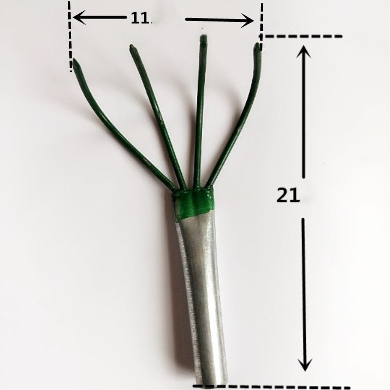 A metal hand rake with four green prongs, measuring 21 cm in length and 11 cm in width, shown against a white background with measurement arrows.