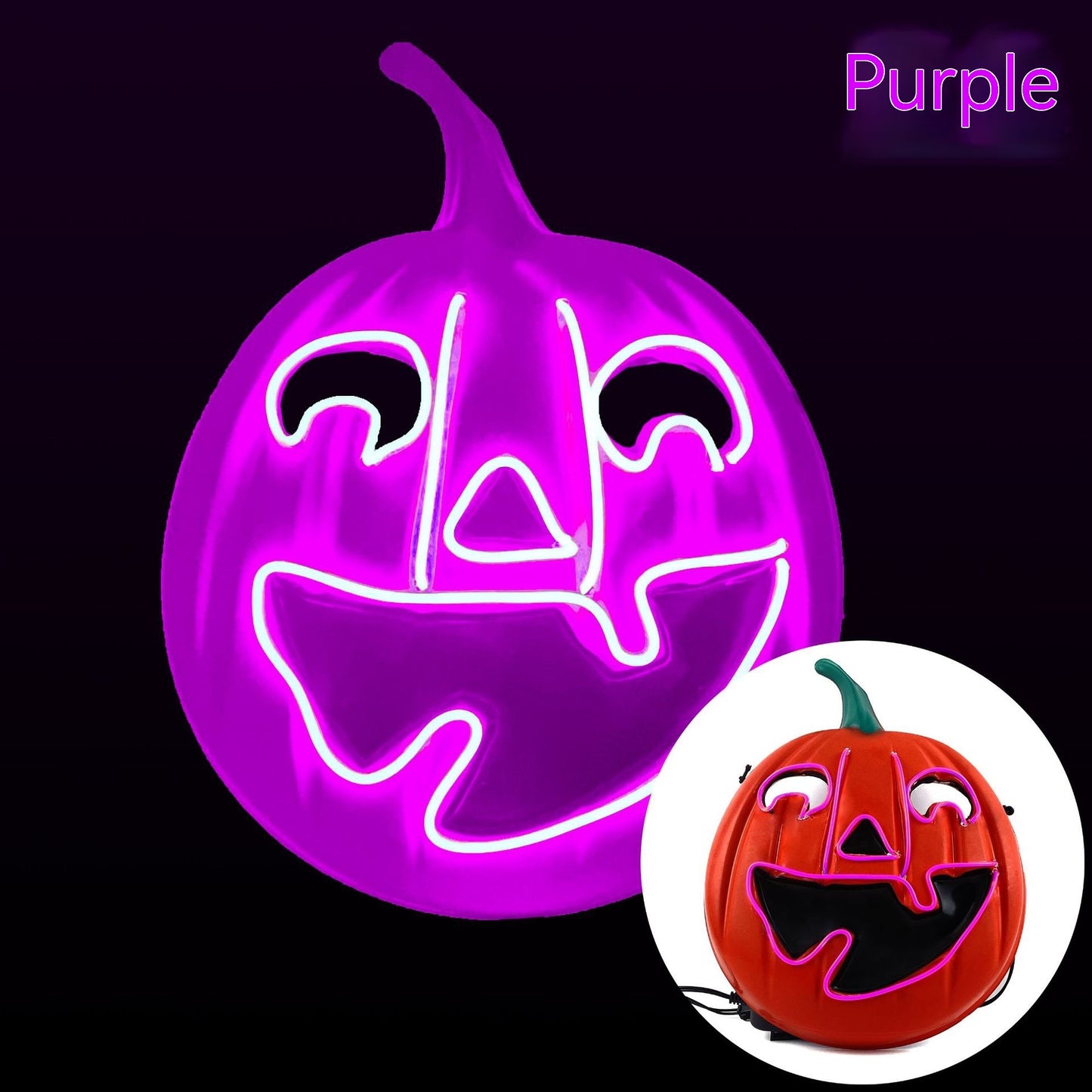 Bright purple neon jack-o'-lantern with a happy face, featuring glowing outlines. Inset image shows a similar orange pumpkin with identical glowing design. "Purple" text in upper corner.