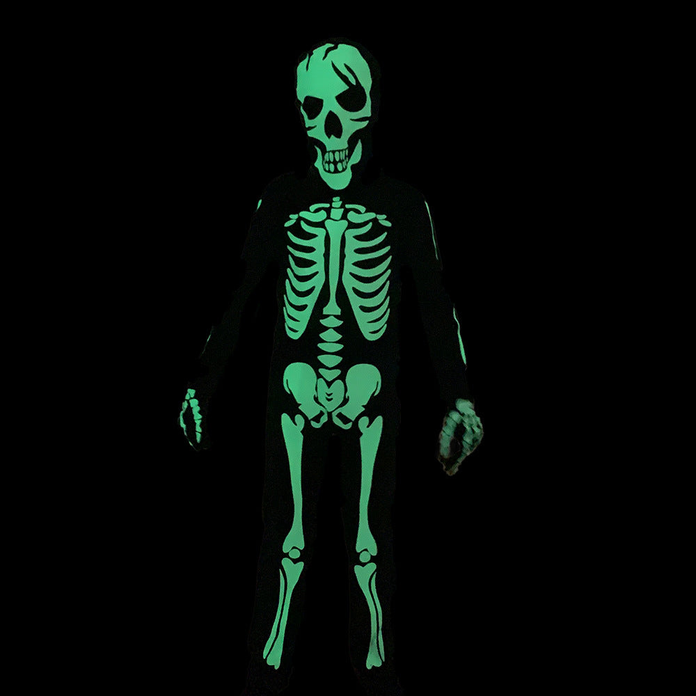 Glow-in-the-dark skeleton costume against a black background, featuring luminescent green bones on a dark suit, creating a spooky effect.