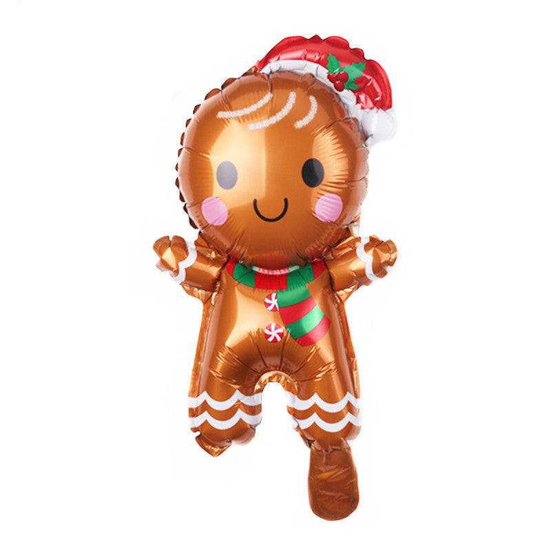 A festive gingerbread man balloon with a smiling face, wearing a Santa hat and a colorful scarf, decorated with peppermint buttons and icing details.