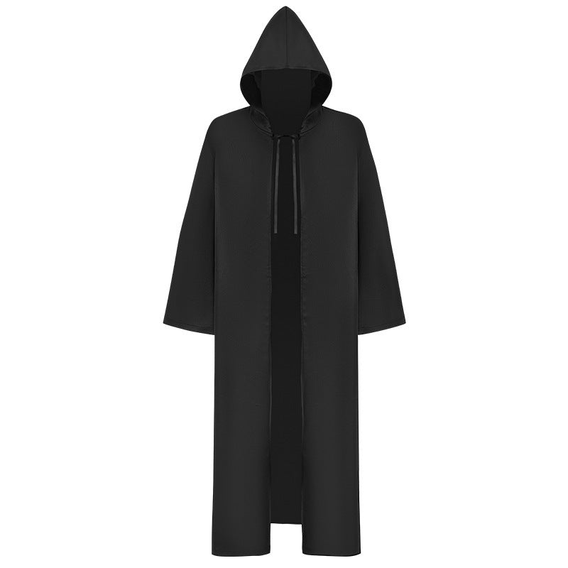 A black hooded cloak with an open front and wide sleeves, displayed against a plain white background. The cloak has a simple design with string ties at the neckline.