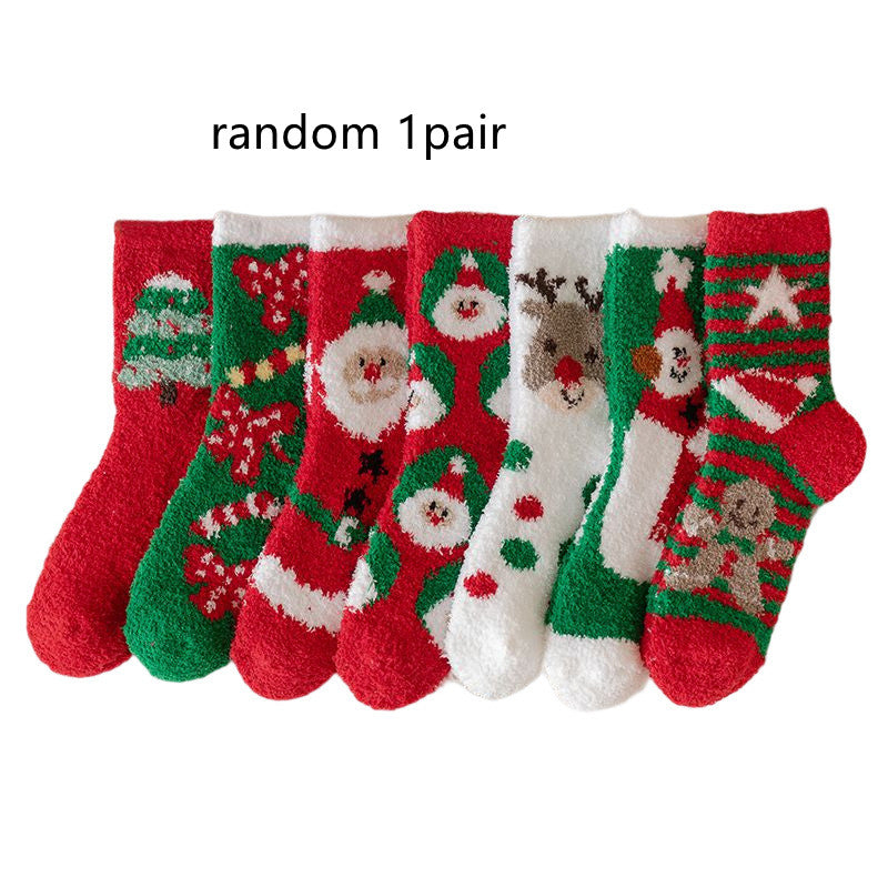 Seven pairs of festive socks are displayed with holiday-themed designs, including Santa, snowmen, snowflakes, and reindeer, in red, green, and white colors. Text reads "random 1 pair."