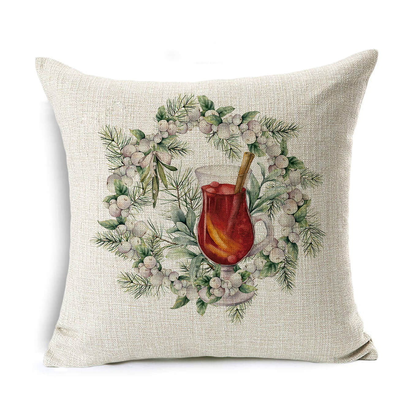 Cream pillow with a festive print of a mulled wine glass centered in a wreath of pine branches and berries, featuring a cinnamon stick and orange slice in the drink.