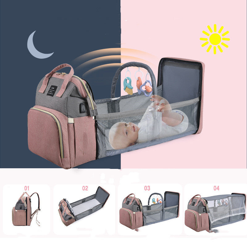 Multifunctional diaper bag with a foldable baby bed and toy hangers, shown as a backpack in four stages. Day and night symbols indicate its versatile use.