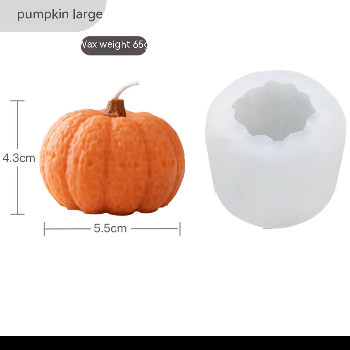 Orange pumpkin candle measuring 5.5 cm wide and 4.3 cm high, with a weight of 65g, is shown next to a white mold.