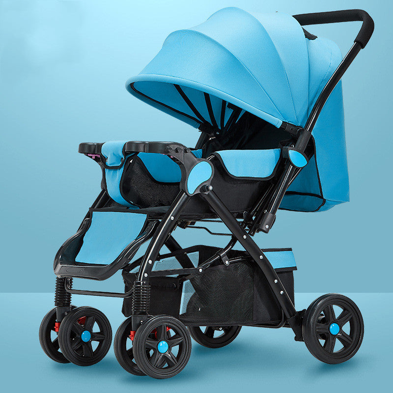 Blue baby stroller with a canopy, black frame, and four wheels. It features a storage basket underneath and a cup holder on the handlebar, set against a blue background.