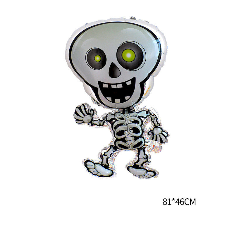 Cartoon skeleton-shaped foil balloon with a large head, glowing green eyes, and a friendly smile. Dimensions listed are 81x46 cm.