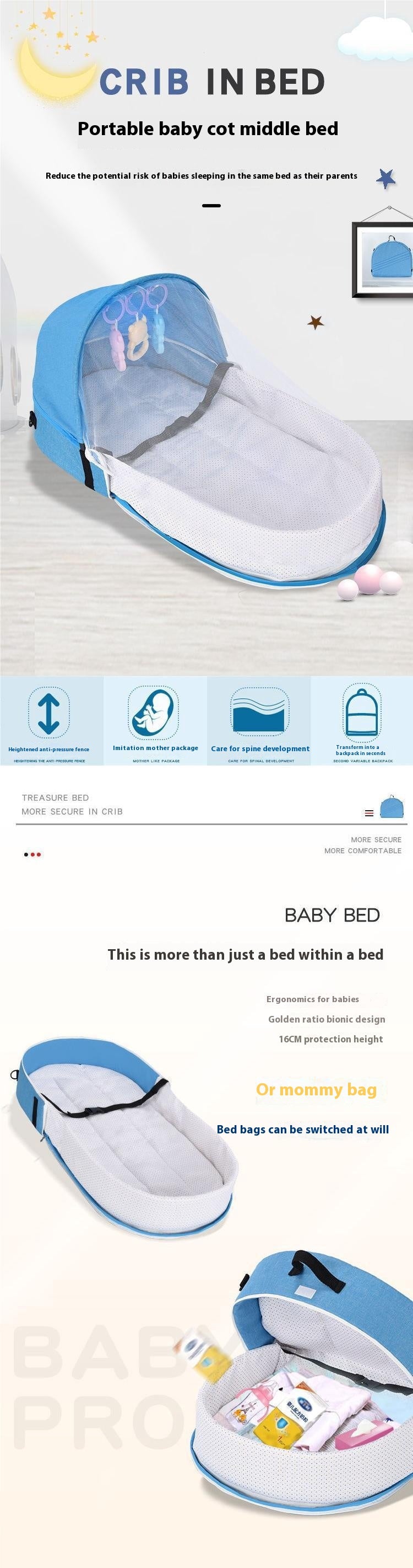 Portable baby cot in blue with mosquito net, designed for safe co-sleeping. Features anti-pressure fence, spine support, and converts into a backpack with storage space for baby items.