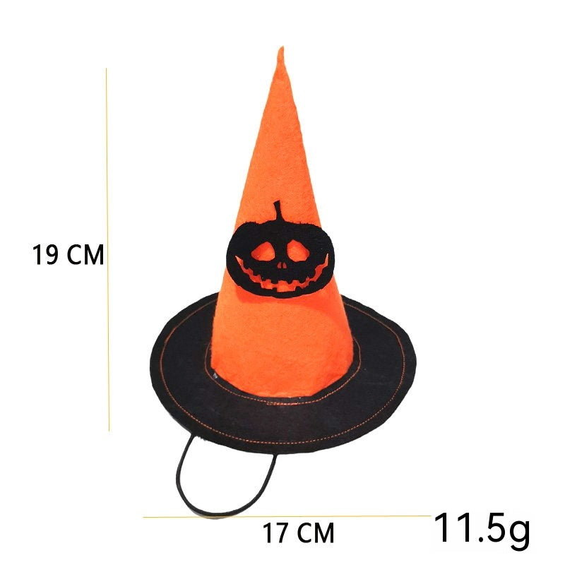 Orange witch hat with a black brim and a jack-o'-lantern design. Dimensions are 19 cm tall, 17 cm wide, and it weighs 11.5g. Includes a chin strap.