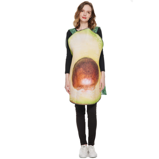Person wearing a costume of a sliced avocado, featuring a large pit, against a plain white background. The costume covers the torso, while arms and legs are visible.