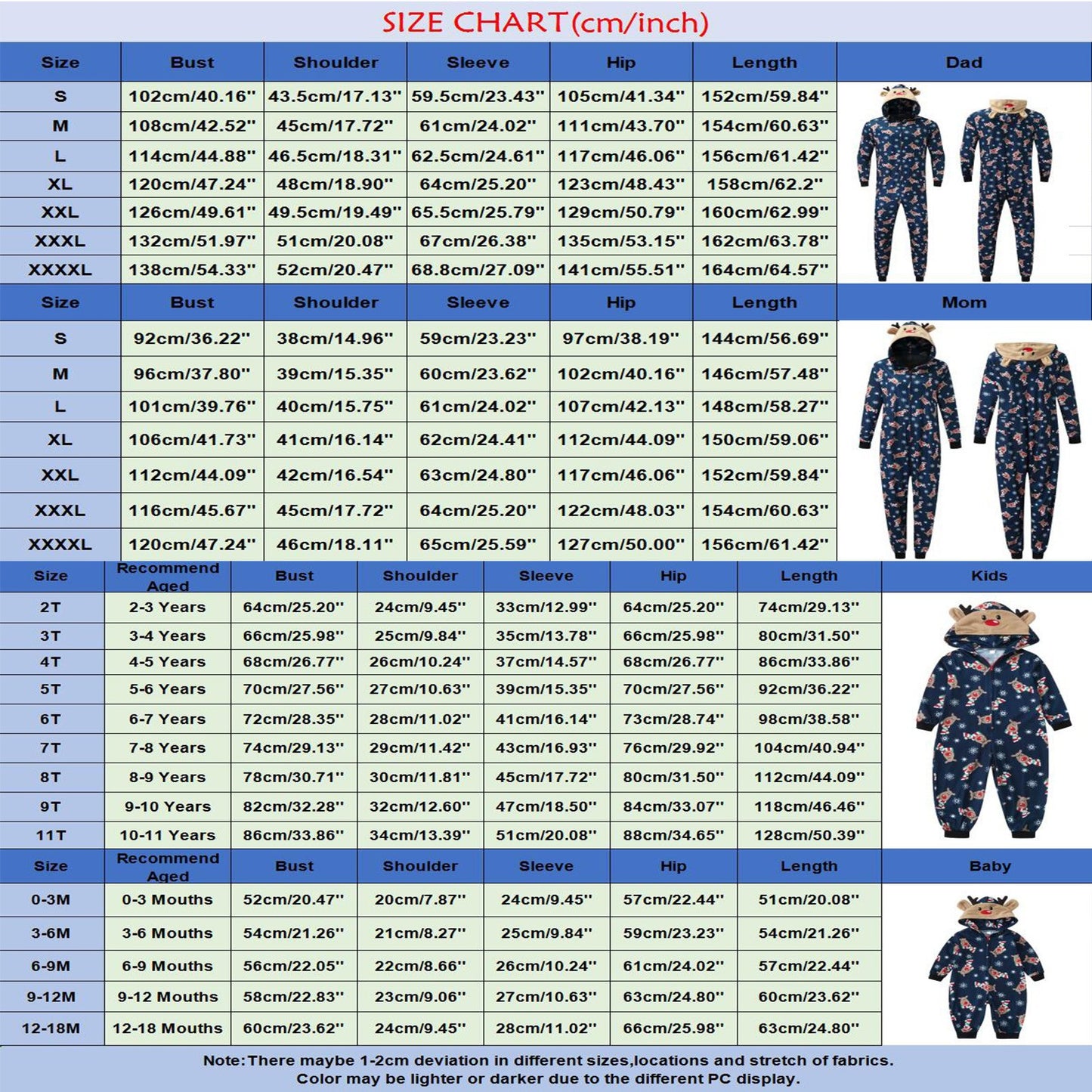 Size chart for matching family pajamas. Categories: Dad, Mom, Kids, Baby. Sizes range from S to XXXXL for adults and by age for kids and babies. Includes bust, shoulder, sleeve, hip, and length.