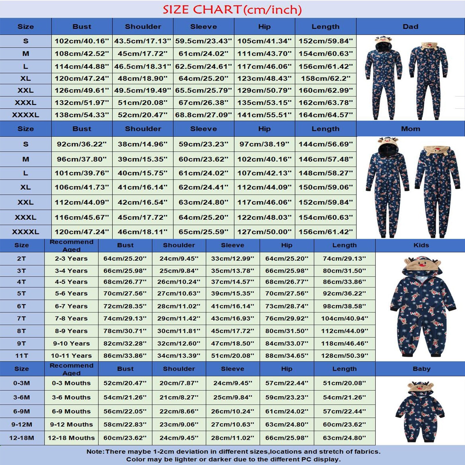 Size chart for matching family pajamas. Categories: Dad, Mom, Kids, Baby. Sizes range from S to XXXXL for adults and by age for kids and babies. Includes bust, shoulder, sleeve, hip, and length.