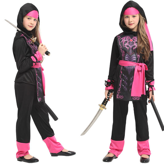 Girl in a black and pink ninja costume, with a hood and sash, holding a sword. The outfit features intricate designs and bright pink accents on the sleeves and pants.