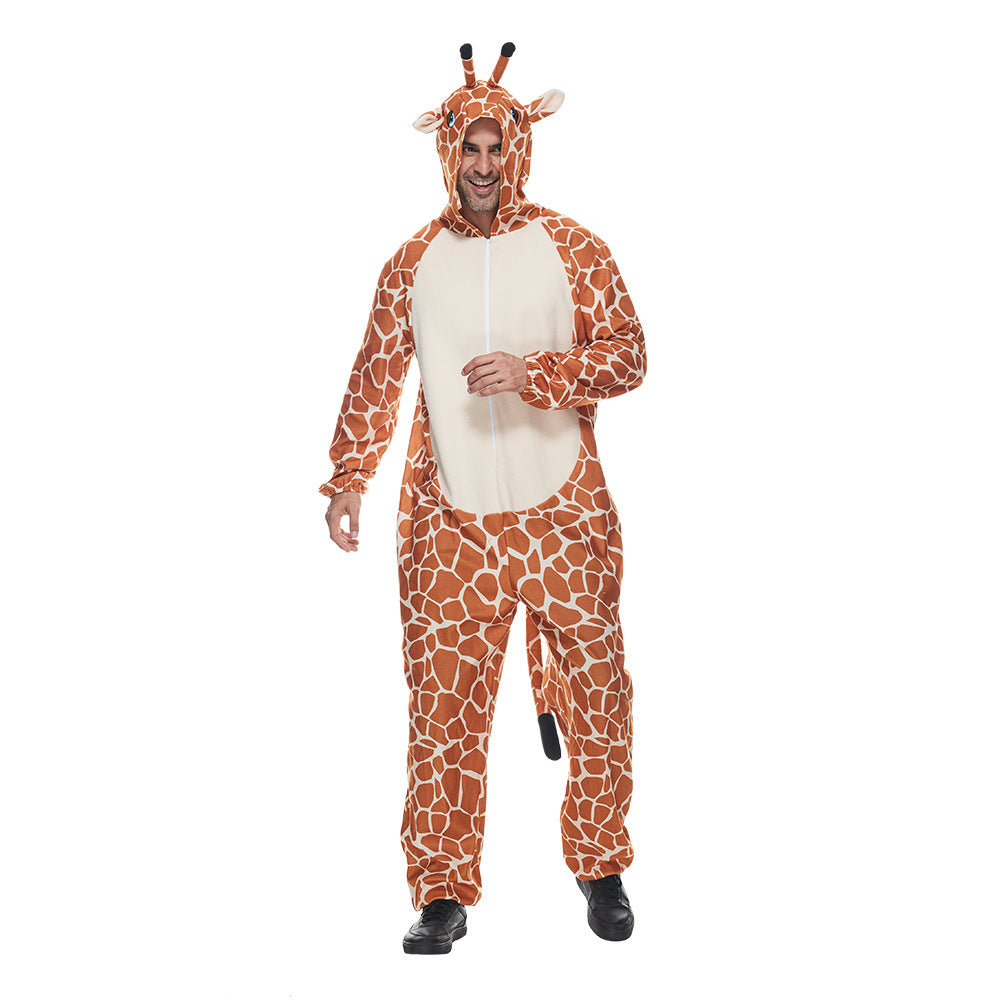 Person wearing a giraffe costume with brown and white spots, complete with a hood featuring a giraffe's face, ears, and horns, standing with a cheerful expression on a white background.