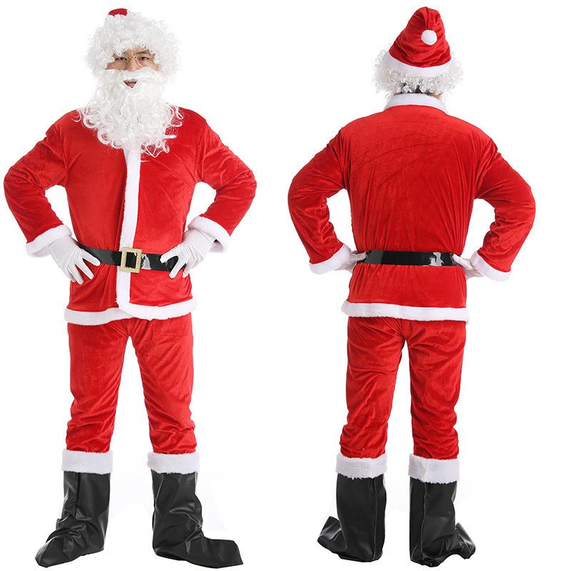 A person in a Santa Claus costume, showing front and back views. The outfit includes a red coat with white trim, black belt, matching pants, white gloves, and black boots.