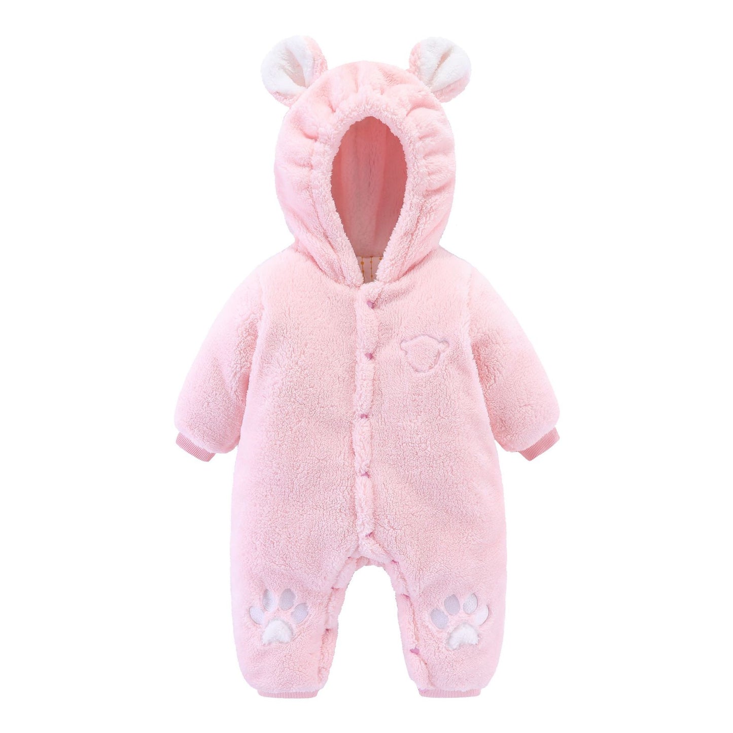 Pink baby onesie with a hood featuring bear ears, front button closure, paw prints on the legs, and a bear face detail on the chest. Made of soft, plush material.