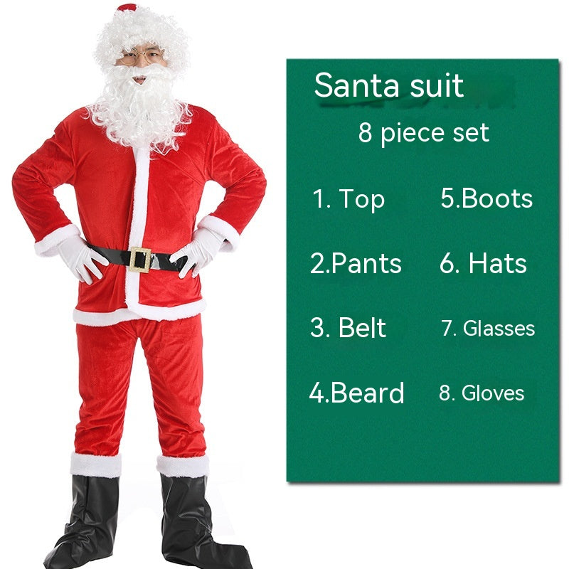 Man in Santa suit with beard, wearing a red top and pants, black belt, boots, hat, and gloves. Text lists suit's 8 pieces: top, pants, belt, beard, boots, hat, glasses, gloves.
