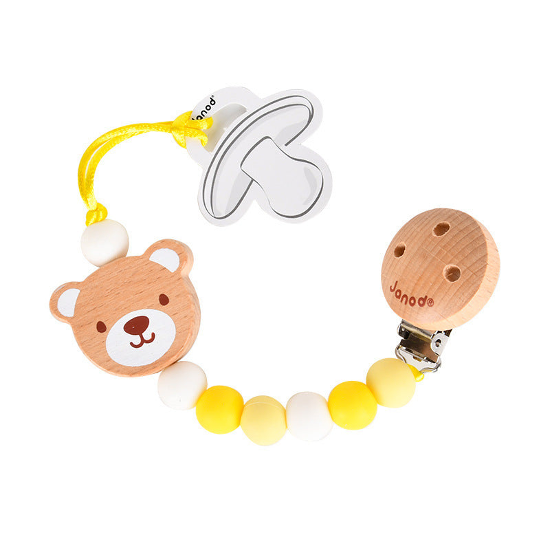 Wooden pacifier clip with a bear face, featuring alternating yellow and white beads. It has a metal clip on one end and a yellow string attached to a pacifier outline.