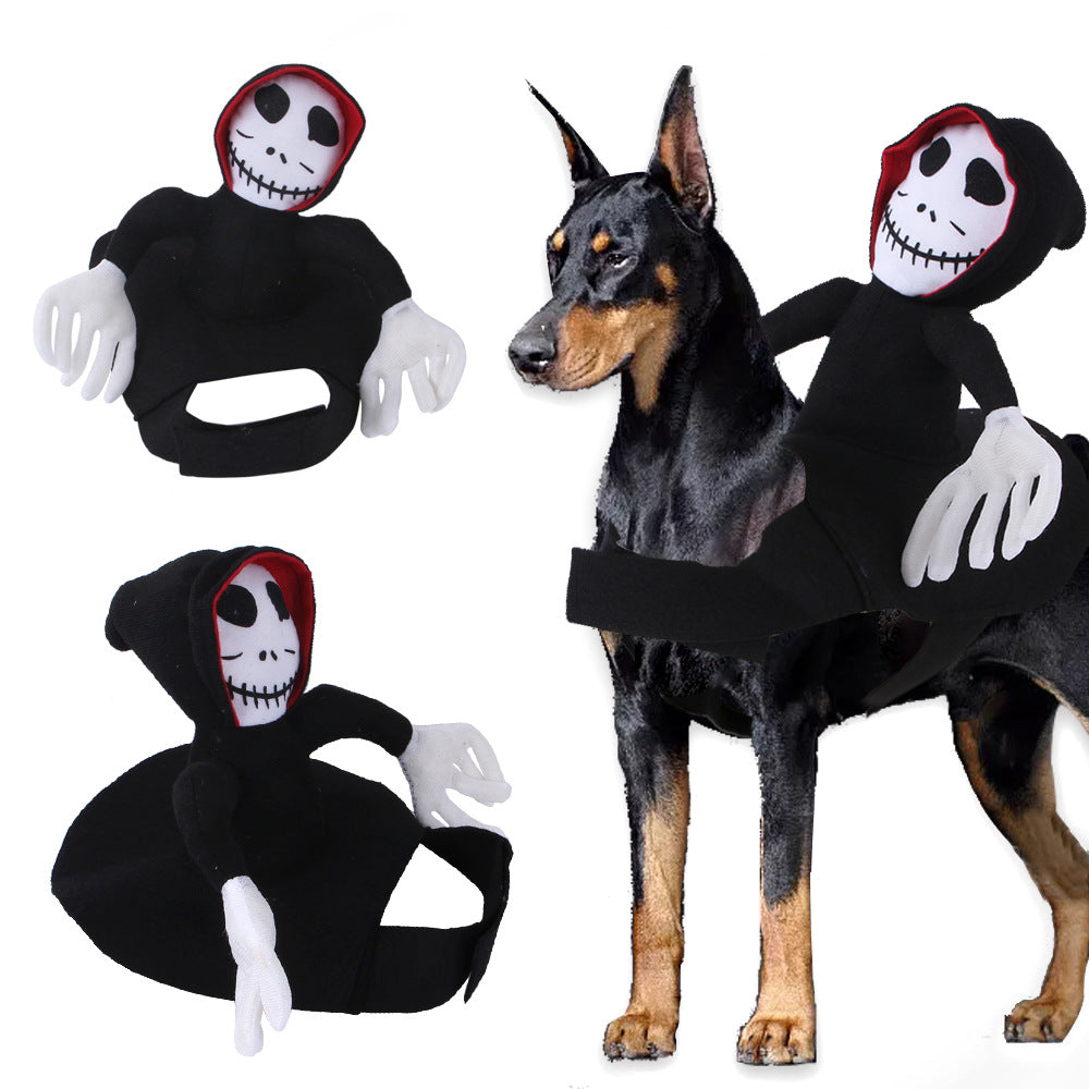Doberman wearing a Halloween costume with a skeleton rider. Two views of the black and white skeleton doll with a red hood are shown.