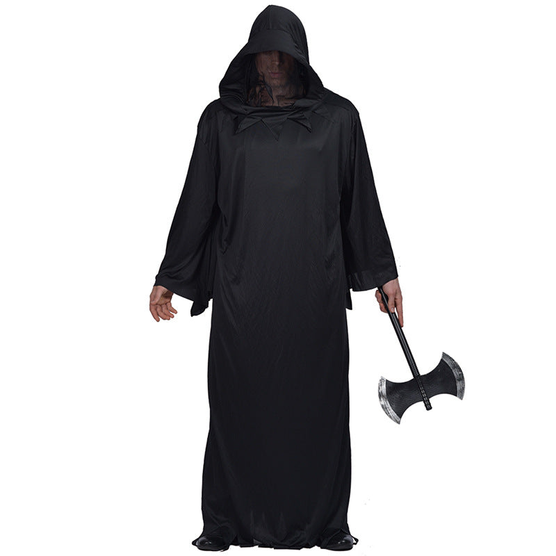 Someone in a long, black hooded robe holds a double-headed axe. Their face is partially obscured by a shadowy hood, creating a mysterious and eerie appearance.